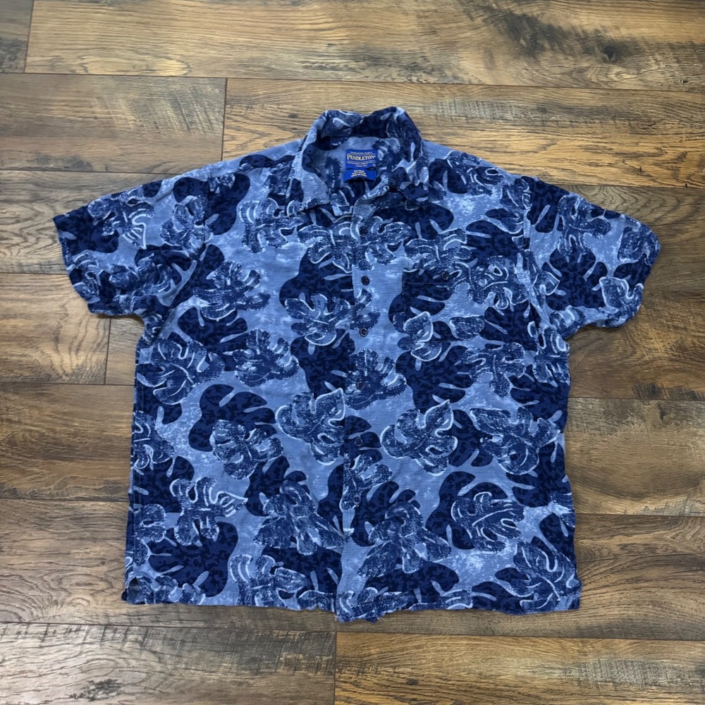 Pendleton Hawaiian Shirt Men XL Blue Tropical Floral Rayon Camp Shirt Aloha